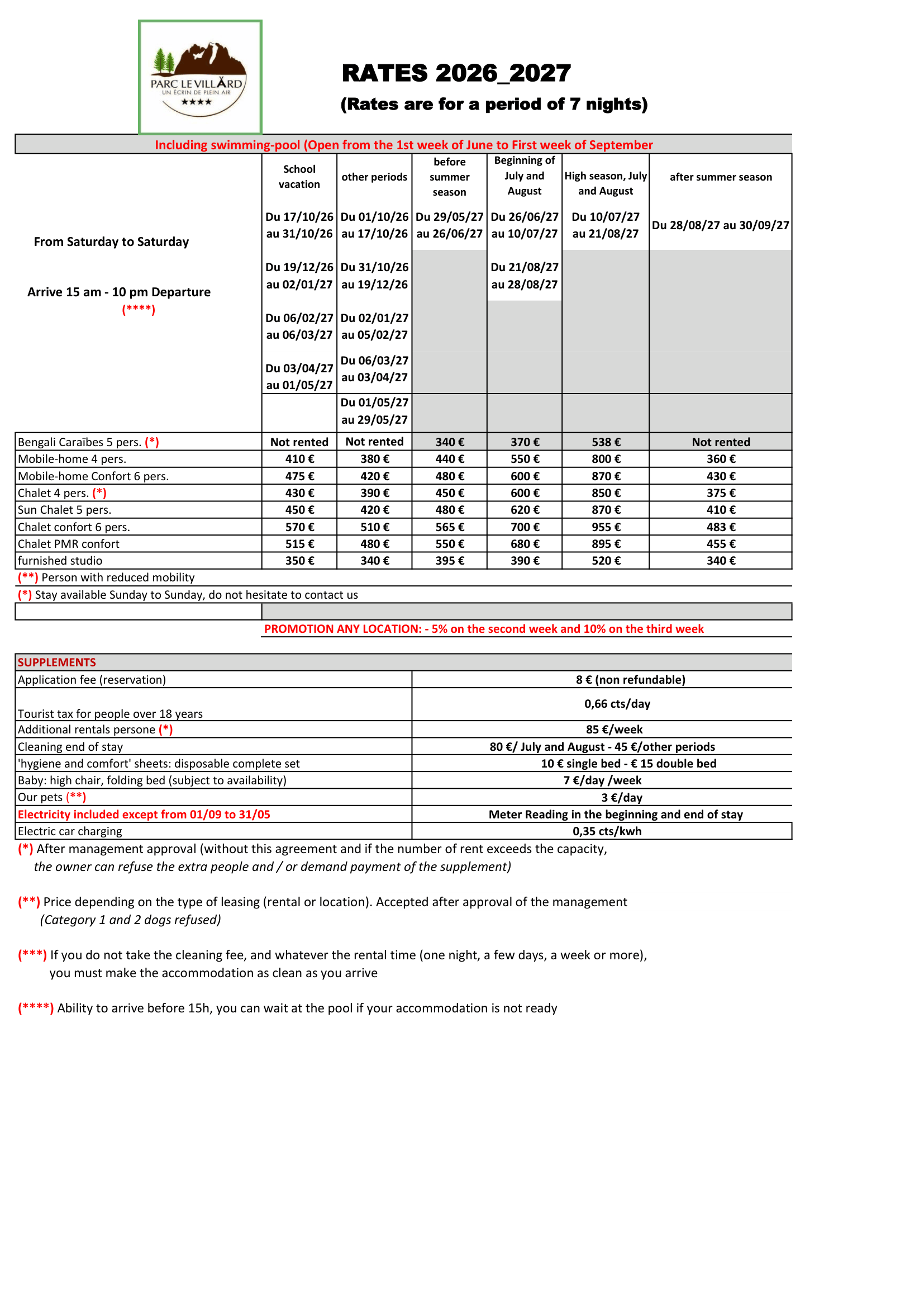 Rental prices 2026-2027 - Camping Le Villard