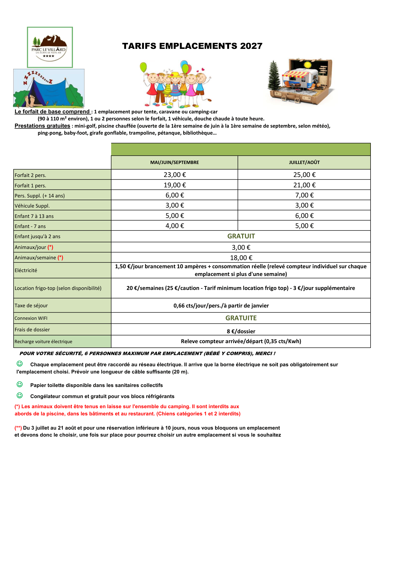 Tarifs emplacements 2027 - Camping Le Villard