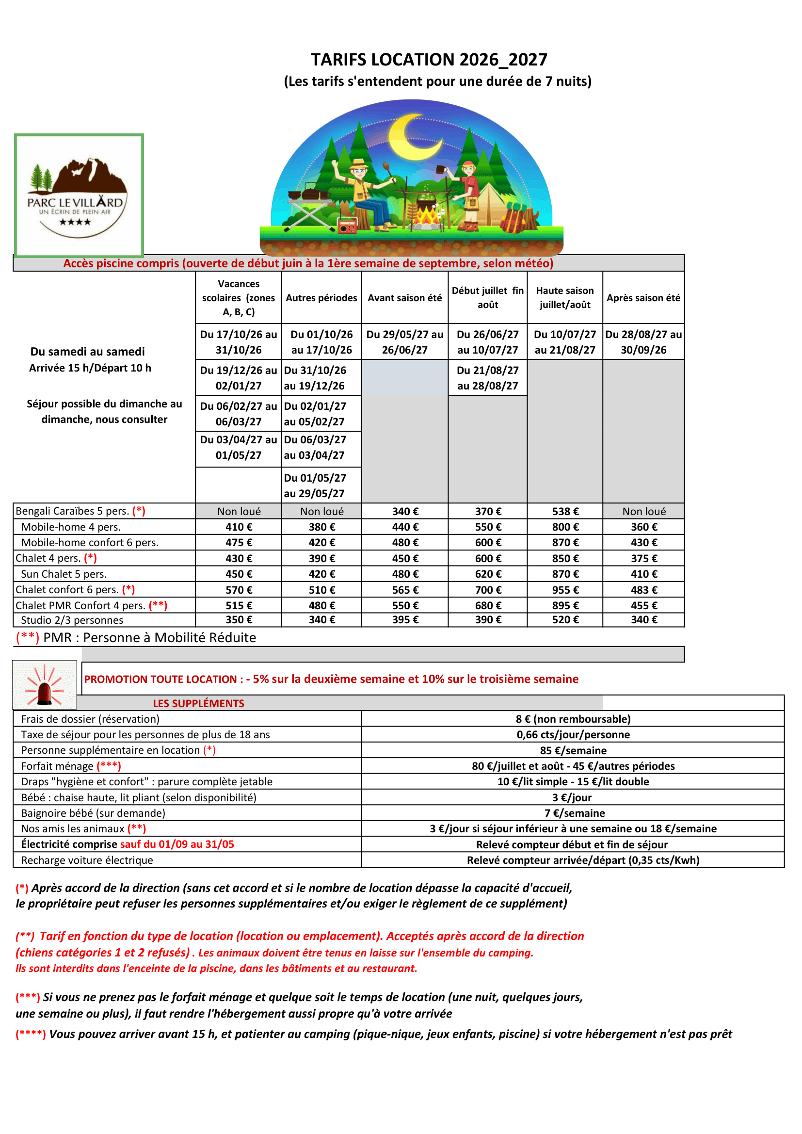 Tarifs locations 2026-2027 - Camping Le Villard